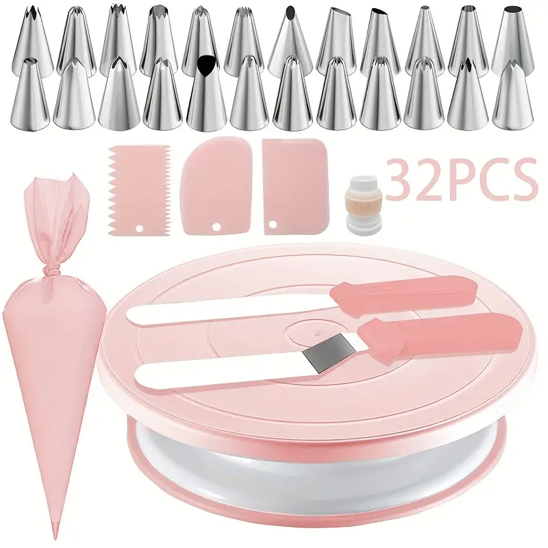 Cake Decorating Turntable - 32 قطعة مجموعة تزيين الكيك مع